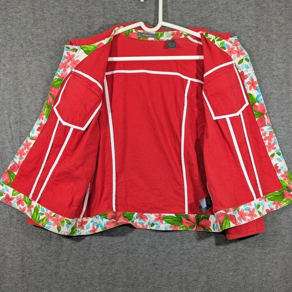Liz Claiborne Button Up 3/4‎ Sleeve Red Floral Denim Style Jacket Size XL